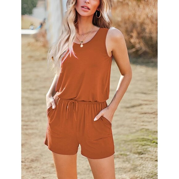 🆕 Women Orange Summer Solid Jumpsuit Loose Sleeveless Short Soft Romper Pocket - Picture 2 of 6